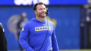 Oct 20, 2024; Inglewood, California, USA; Los Angeles Rams head coach Sean McVay walks the sidelines during the first half against the Las Vegas Raiders at SoFi Stadium. Mandatory Credit: Alex Gallardo-Imagn Images