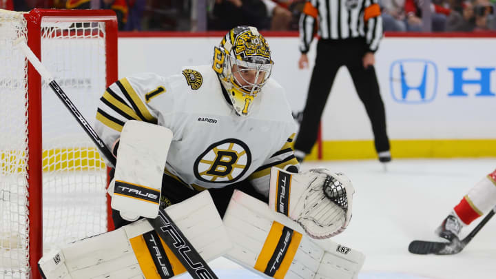 May 6, 2024; Sunrise, Florida, USA; Boston Bruins goaltender Jeremy Swayman (1) defends his net against the Florida Panthers during the second period in game one of the second round of the 2024 Stanley Cup Playoffs at Amerant Bank Arena. Mandatory Credit: Sam Navarro-USA TODAY Sports