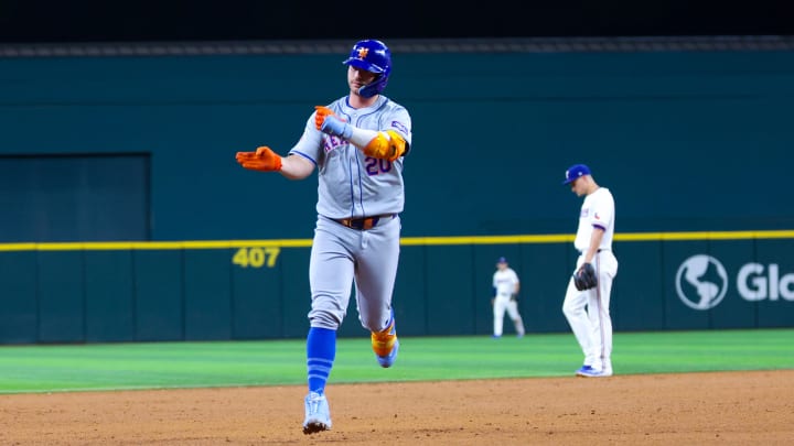 Jun 19, 2024; Arlington, Texas, USA; New York Mets first baseman Pete Alonso (20) reacts after hitting a two-run home run during the sixth inning against the Texas Rangers at Globe Life Field. Mandatory Credit: Kevin Jairaj-USA TODAY Sports