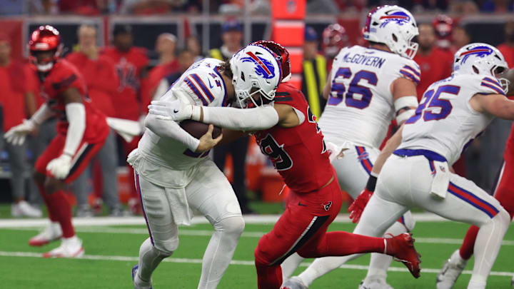 Josh Allen suffered eight sacks during Thursday night's loss to the Texans. Josh Allen suffered eight sacks during Thursday night's loss to the Texans.