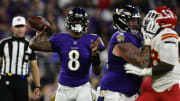 Sep 19, 2021; Baltimore, Maryland, USA; Baltimore Ravens quarterback Lamar Jackson (8) throws during