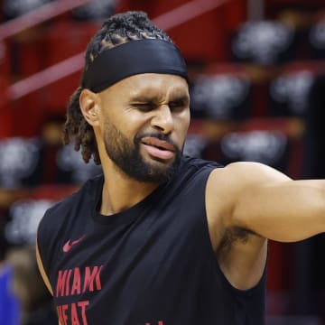 Mar 10, 2024; Miami, Florida, USA;  Miami Heat guard Patty Mills (88) winks at a fan during warm ups before the game against the Washington Wizards at Kaseya Center. Mandatory Credit: Rhona Wise-USA TODAY Sports