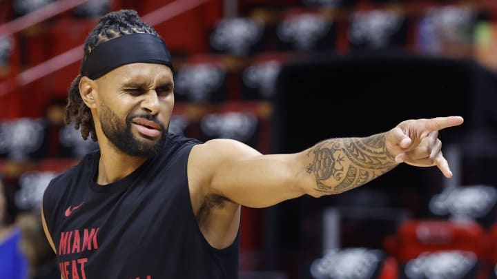 Mar 10, 2024; Miami, Florida, USA;  Miami Heat guard Patty Mills (88) winks at a fan during warm ups before the game against the Washington Wizards at Kaseya Center. Mandatory Credit: Rhona Wise-USA TODAY Sports