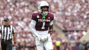 Sep 6, 2025; College Station, Texas, USA; Texas A&M Aggies safety Bryce Anderson (1) celebrates after stopping a two-point conversion during the first quarter against the Utah State Aggies at Kyle Field. Mandatory Credit: Sean Thomas-Imagn Images