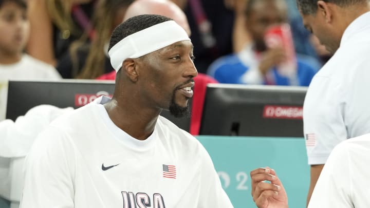 Aug 6, 2024; Paris, France; United States centre Bam Adebayo (13) and guard Tyrese Haliburton (9) look on in the second half in a men’s basketball quarterfinal game during the Paris 2024 Olympic Summer Games at Accor Arena. Mandatory Credit: Kyle Terada-USA TODAY Sports