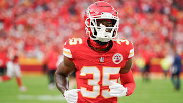 Sep 5, 2024; Kansas City, Missouri, USA; Kansas City Chiefs cornerback Jaylen Watson (35) runs on field against the Baltimore Ravens prior to a game at GEHA Field at Arrowhead Stadium. Mandatory Credit: Denny Medley-Imagn Images