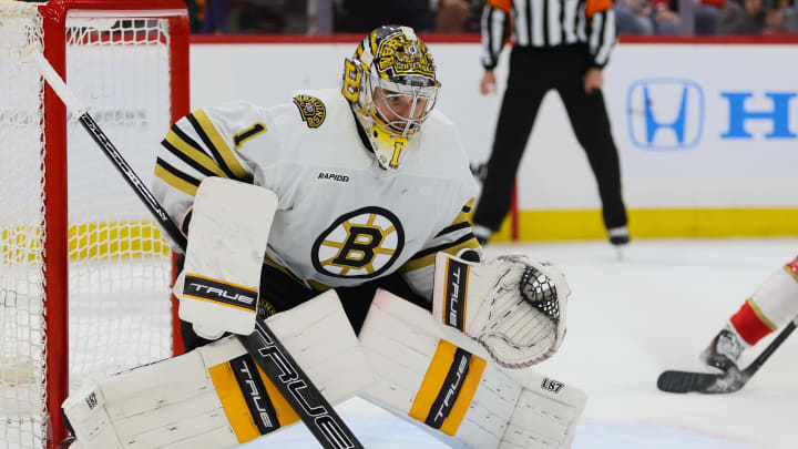 May 6, 2024; Sunrise, Florida, USA; Boston Bruins goaltender Jeremy Swayman (1) defends his net against the Florida Panthers during the second period in game one of the second round of the 2024 Stanley Cup Playoffs at Amerant Bank Arena. Mandatory Credit: Sam Navarro-USA TODAY Sports