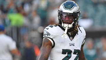 Aug 17, 2023; Philadelphia, Pennsylvania, USA; Philadelphia Eagles running back Trey Sermon (22) against the Cleveland Browns at Lincoln Financial Field.