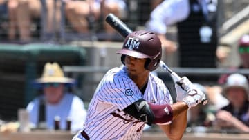 Jun 8, 2024; College Station, TX, USA; Texas A&M outfielder Braden Montgomery (6) at bat during the first inning against the Oregon at Olsen Field, Blue Bell Park Mandatory Credit: Maria Lysaker-USA TODAY Sports