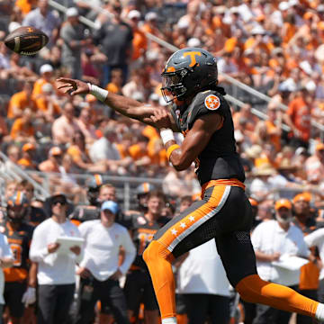 Tennessee quarterback Nico Iamaleava (8) throws a pass during a game between Tennessee and Chattanooga, Saturday, Aug. 31, 2024.