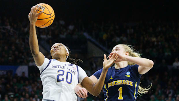 Notre Dame forward Liatu King (20) drives to the basket during the second round of the NCAA Women's Basketball Tournament.
