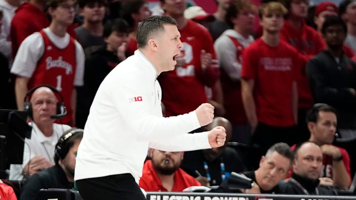 Ohio State Buckeyes head coach Jake Diebler reacts during the men's NCAA basketball game against the Notre Dame Fighting Irish at Value City Arena in Columbus on Nov. 16, 2025. Ohio State won 64-63.
