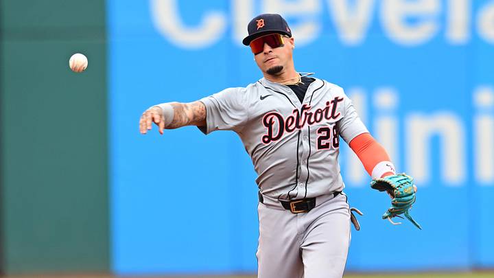 Jul 25, 2024; Cleveland, Ohio, USA; Detroit Tigers shortstop Javier Baez (28) throws out Cleveland Guardians center fielder Angel Martinez (not pictured) during the first inning at Progressive Field. Mandatory Credit: Ken Blaze-Imagn Images