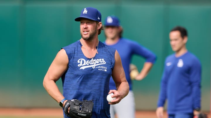 Los Angeles Dodgers pitcher Clayton Kershaw (22) warms up on the field before the game between the Los Angeles Dodgers and the Oakland Athletics at Oakland-Alameda County Coliseum on Aug 2.