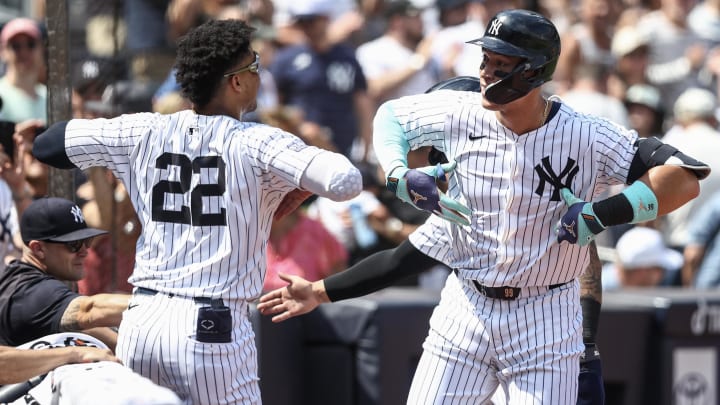 Aug 25, 2024; Bronx, New York, USA;  New York Yankees center fielder  Aaron Judge (99) celebrates with right fielder Juan Soto (22) after hitting a two run home run in the first inning against the Colorado Rockies at Yankee Stadium. Mandatory Credit: Wendell Cruz-USA TODAY Sports