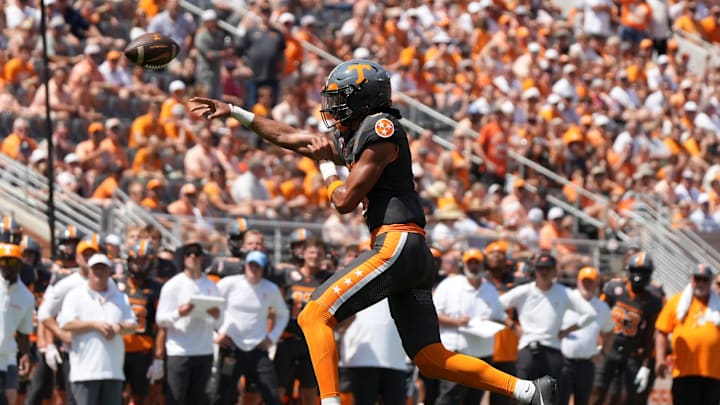 Tennessee quarterback Nico Iamaleava (8) throws a pass during a game between Tennessee and Chattanooga, Saturday, Aug. 31, 2024.