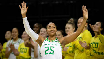 Oregon guard Deja Kelly is introduced as the Oregon Ducks host the Warner Pacific Knights in an exhibition game Friday, Nov. 1, 2024 at Matthew Knight Arena in Eugene, Ore.