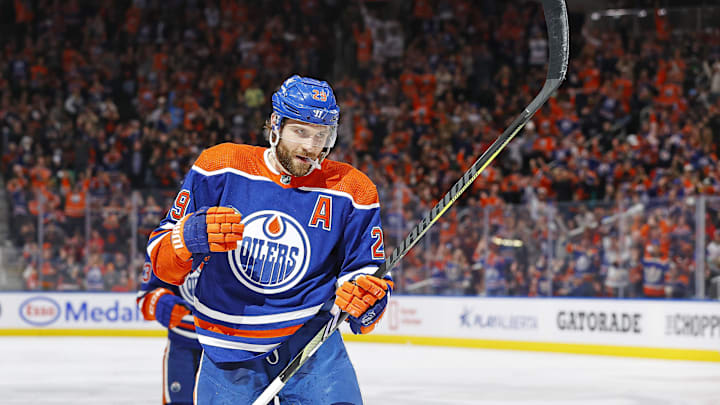 Edmonton Oilers forward Leon Draisaitl (29) celebrates after scoring a goal