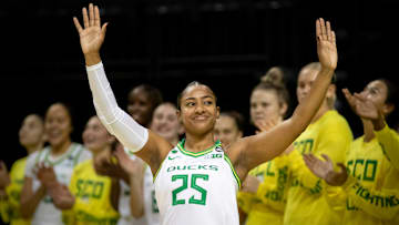 Oregon guard Deja Kelly is introduced as the Oregon Ducks host the Warner Pacific Knights in an exhibition game Friday, Nov. 1, 2024 at Matthew Knight Arena in Eugene, Ore.