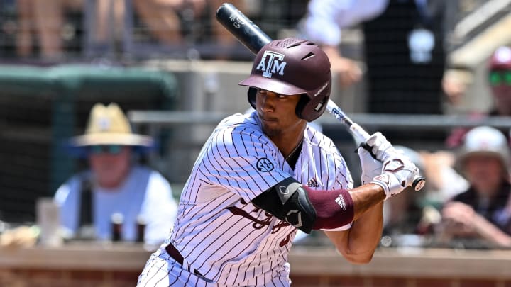 Jun 8, 2024; College Station, TX, USA; Texas A&M outfielder Braden Montgomery (6) at bat during the first inning against the Oregon at Olsen Field, Blue Bell Park Mandatory Credit: Maria Lysaker-USA TODAY Sports