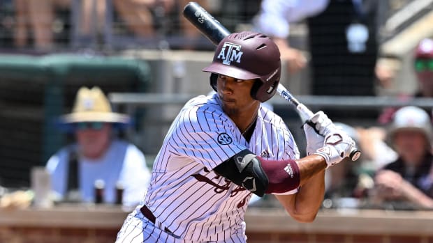 Jun 8, 2024; College Station, TX, USA; Texas A&M outfielder Braden Montgomery (6) at bat during the first inning against the Oregon at Olsen Field, Blue Bell Park.