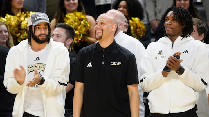 The Wofford men's basketball team hosted a NCAA Selection Show watch party on Sunday, March 16, at Jerry Richardson Indoor Stadium. Tennessee No. 2 seed will face No. 15 Wofford (19-15) on Thursday at Rupp Arena in Lexington, Kentucky. This is the moment the team finds out they will be playing Tennessee. Wofford's Dwight Perry reacts with his team.
