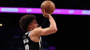 Apr 13, 2025; Brooklyn, New York, USA; Brooklyn Nets forward Jalen Wilson (22) shoots the ball during the second half against the New York Knicks at Barclays Center. Mandatory Credit: Vincent Carchietta-Imagn Images