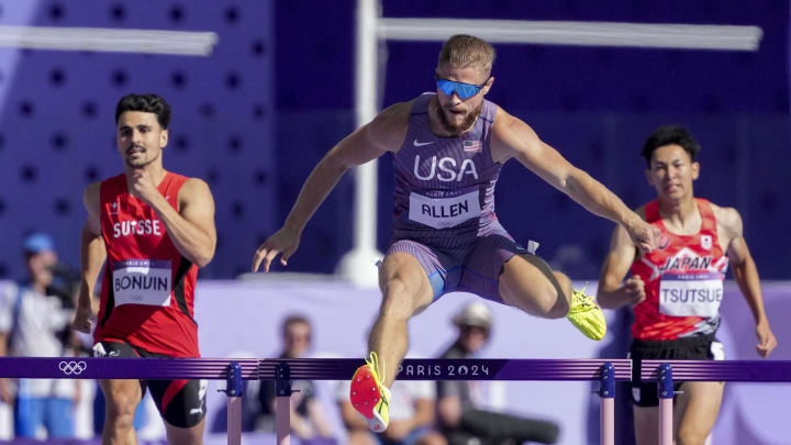 Aug 5, 2024; Paris Saint-Denis, France; Cj Allen (USA) in the 400-meter hurdles preliminary heats during the Paris 2024 Olympic Summer Games at Stade de France. Mandatory Credit: James Lang-USA TODAY Sports