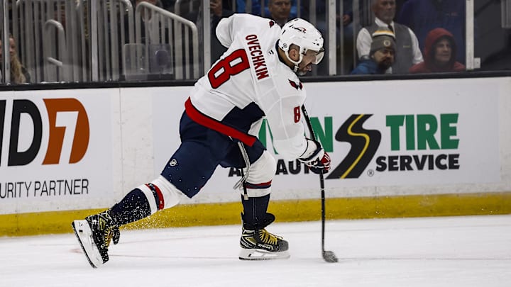 Apr 1, 2025; Boston, Massachusetts, USA; Washington Capitals left wing Alex Ovechkin (8) lets go with a shot against the Boston Bruins during the second period at TD Garden. Mandatory Credit: Winslow Townson-Imagn Images