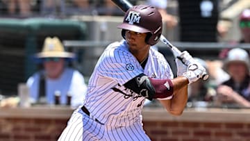 Texas A&M outfielder Braden Montgomery (6) at bat during the first inning against the Oregon at Olsen Field in College Station, Texas, on June 8, 2024.