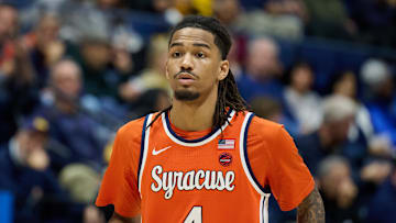 Feb 1, 2025; Berkeley, California, USA; Syracuse Orange forward Chris Bell (4) stands on the court against the California Golden Bears during the first half at Haas Pavilion. Mandatory Credit: Robert Edwards-Imagn Images