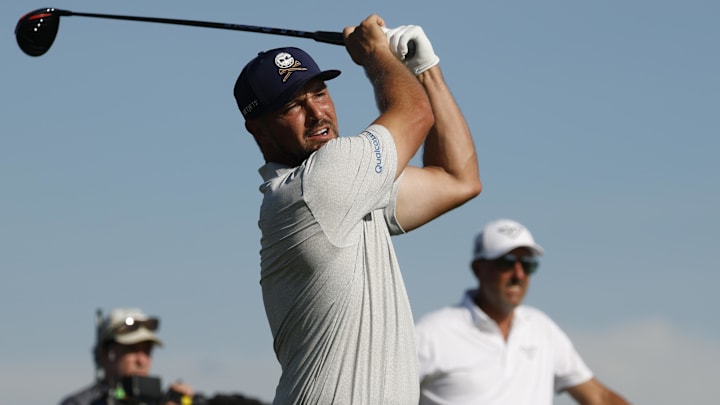 Bryson DeChambeau hits a tee shot during LIV Golf Virginia