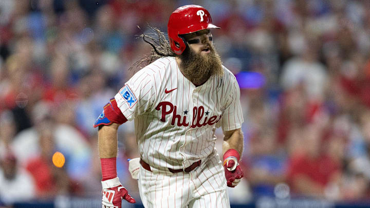 Sep 11, 2024; Philadelphia, Pennsylvania, USA; Philadelphia Phillies outfielder Brandon Marsh (16) runs the bases after hitting a single during the sixth inning against the Tampa Bay Rays at Citizens Bank Park