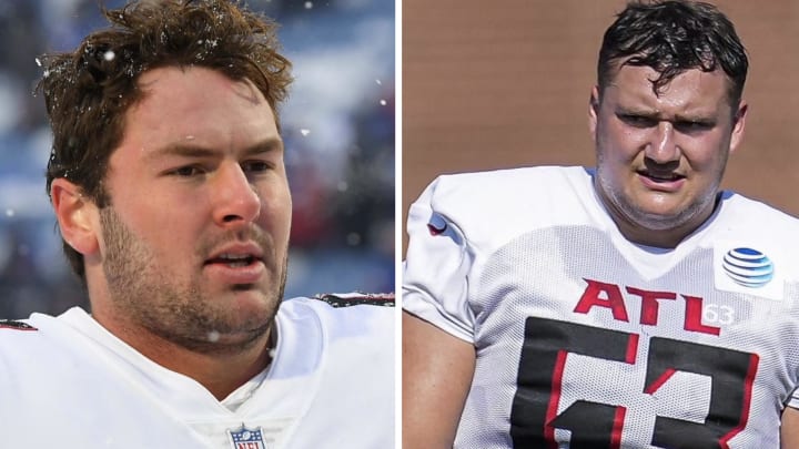 Atlanta Falcons center Drew Dalman (left) and right guard Chris Lindstrom (right) have formed an unmistakable bond.