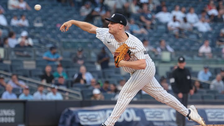 May 21, 2024; Bronx, New York, USA; New York Yankees starting pitcher Clarke Schmidt (36) delivers a pitch during the first inning against the Seattle Mariners at Yankee Stadium. Mandatory Credit: Vincent Carchietta-USA TODAY Sports