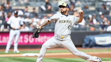 Mar 29, 2025; Bronx, New York, USA; Milwaukee Brewers starting pitcher Nestor Cortes (65) pitches in the first inning against the New York Yankees at Yankee Stadium. Mandatory Credit: Wendell Cruz-Imagn Images