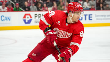 Patrick Kane moves the puck as the Detroit Red Wings take on the Vegas Golden Knights.
