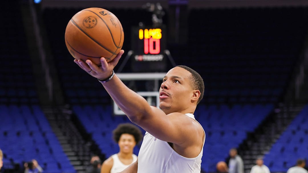 Feb 21, 2025; Orlando, Florida, USA; Memphis Grizzlies guard Desmond Bane (22) warms up before the game against the Orlando Magic at Kia Center. Mandatory Credit: Mike Watters-Imagn Images