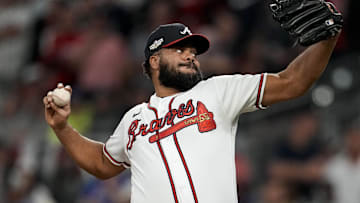 Oct 12, 2022; Atlanta, Georgia, USA; Atlanta Braves relief pitcher Kenley Jansen (74) throws against the Philadelphia Phillies in the ninth inning during game two of the NLDS for the 2022 MLB Playoffs at Truist Park. Mandatory Credit: Dale Zanine-Imagn Images