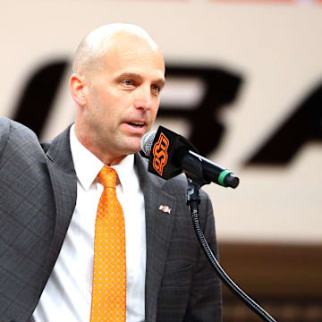 New Oklahoma State University head men's basketball coach Steve Lutz speaks during an introduction ceremony of the at Gallagher-Iba Arena in Stillwater, Okla., Thursday, April 4, 2024.