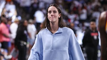 Sep 14, 2025; College Park, Georgia, USA; Indiana Fever guard Caitlin Clark (22) walks to the locker room against the Atlanta Dream at halftime during game one of round one for the 2025 WNBA Playoffs at Gateway Center Arena at College Park. Mandatory Credit: Brett Davis-Imagn Images