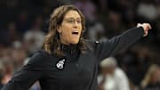 Jul 1, 2025; Minneapolis, Minnesota, USA; Indiana Fever head coach Stephanie White looks on against the Minnesota Lynx in the second half during the Commissioner's Cup final at Target Center. Mandatory Credit: Jesse Johnson-Imagn Images