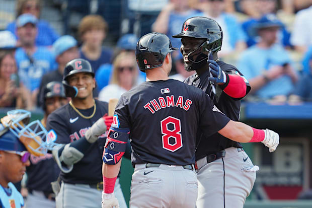 Lane Thomas celebrates after hitting a home run 