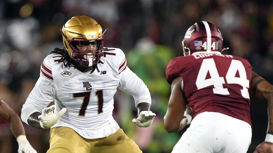 Sep 13, 2025; Stanford, California, USA; Boston College Eagles offensive lineman Jude Bowry (71) blocks against Stanford Cardinal linebacker Ernest Cooper (44) during the second quarter at Stanford Stadium. Mandatory Credit: Darren Yamashita-Imagn Images