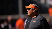 Oklahoma State Defensive Coordinator/Outside Linebackers Todd Grantham watches players warm up before the college football game between the Oklahoma State Cowboys and the Baylor Bears at Boone Pickens Stadium in Stillwater, Okla., Saturday, Sept. 27, 2025.