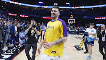 Apr 6, 2025; Oklahoma City, Oklahoma, USA; Los Angeles Lakers guard Luka Doncic (77) runs off the court after his team beat the Oklahoma City Thunder during the second half at Paycom Center. Mandatory Credit: Alonzo Adams-Imagn Images