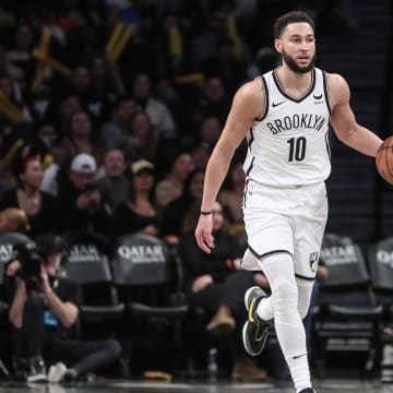 Feb 13, 2024; Brooklyn, New York, USA;  Brooklyn Nets guard Ben Simmons (10) brings the ball up court in the third quarter against the Boston Celtics at Barclays Center. Mandatory Credit: Wendell Cruz-USA TODAY Sports