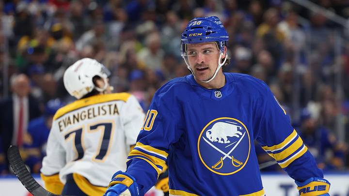 Mar 7, 2026; Buffalo, New York, USA;  Buffalo Sabres center Sam Carrick (10) during a stoppage in play against the Nashville Predators at KeyBank Center. Mandatory Credit: Timothy T. Ludwig-Imagn Images