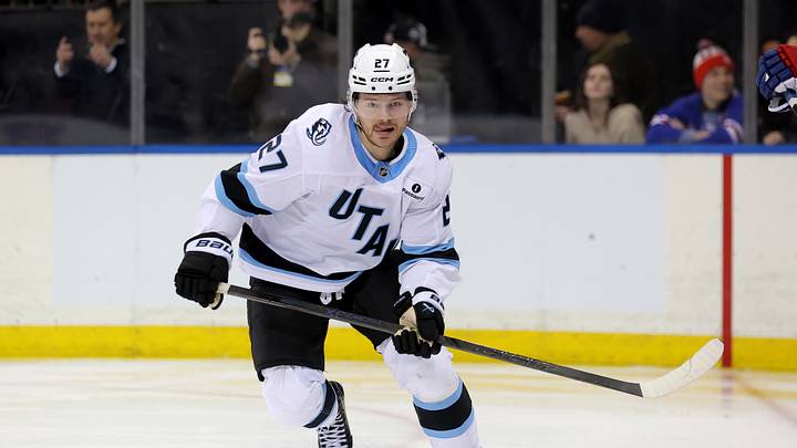 Jan 5, 2026; New York, New York, USA; Utah Mammoth center Barrett Hayton (27) skates against the New York Rangers during the third period at Madison Square Garden. Mandatory Credit: Brad Penner-Imagn Images