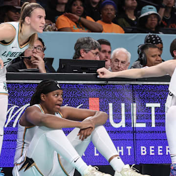 New York Liberty guard Sabrina Ionescu, center Jonquel Jones and  forward Breanna Stewart.